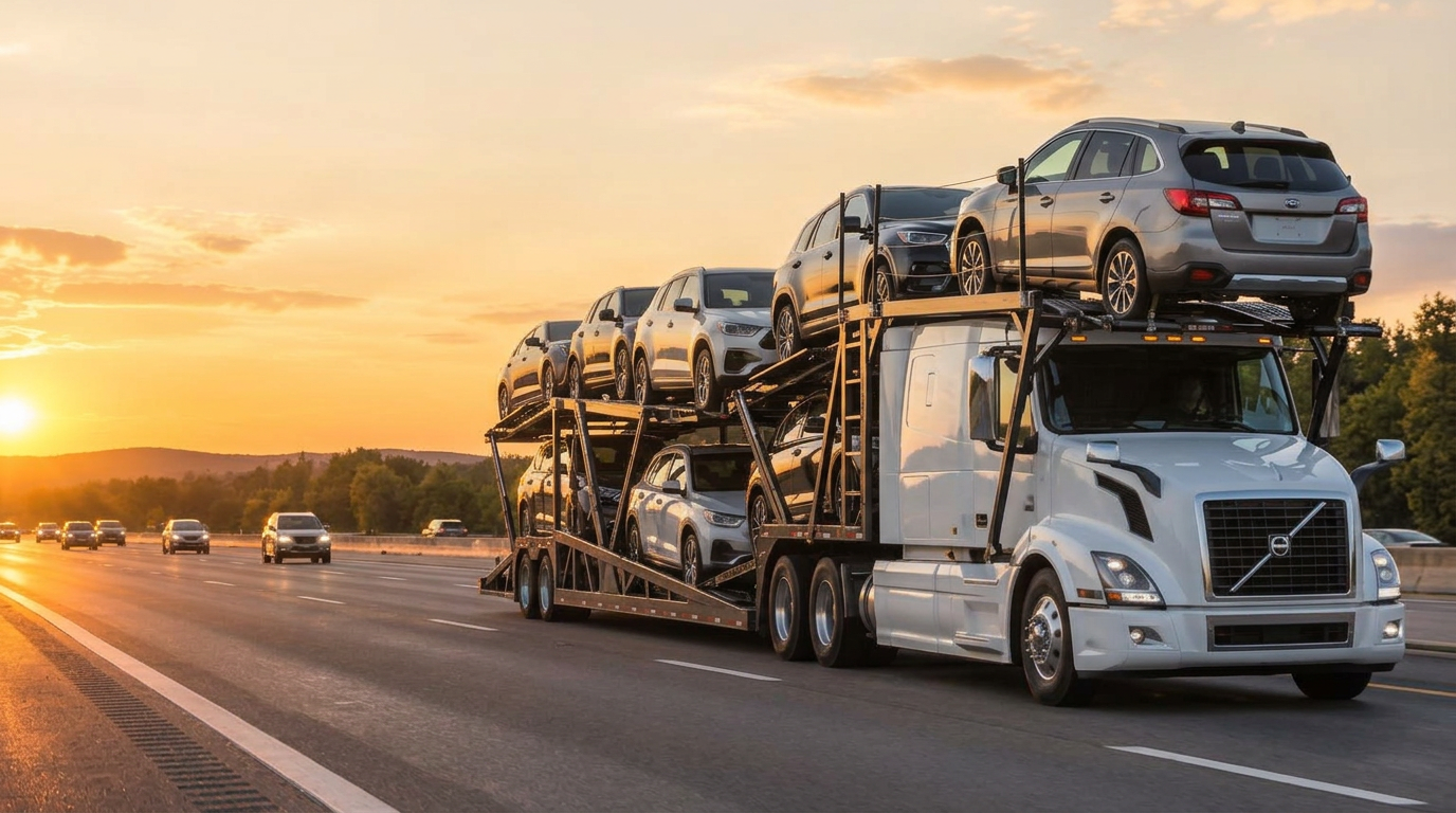 White Volvo semi-truck pulling a Cottrell-style nine-car hauler trailer loaded with sedans, crossovers and SUVs on an interstate highway